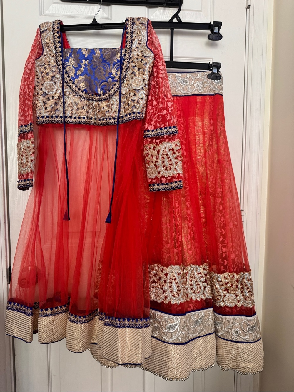 Indian Pakistani Style Lehenga Choli Set Coral Blue Gold Embroidered 2 Pc